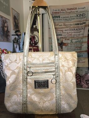 Coach Metallic Beige Canvas Tote Bag with Gold Trim